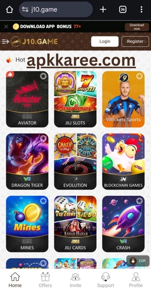 J10 app home screen displaying available games