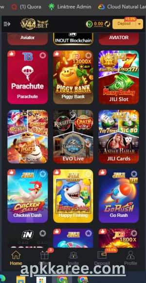 V44 app home screen displaying available games
