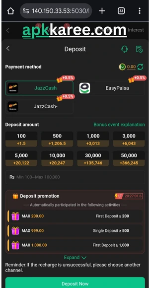 Bv999 app deposit screen showing secure deposit options
