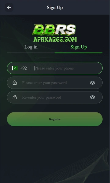 BB Rs Game registration screen with mobile number signup form