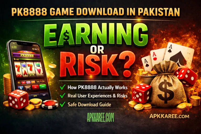 PK8888 game download banner in Pakistan showing mobile casino app, slot machine, dice, playing cards, coins, and “Earning or Risk” concept.
