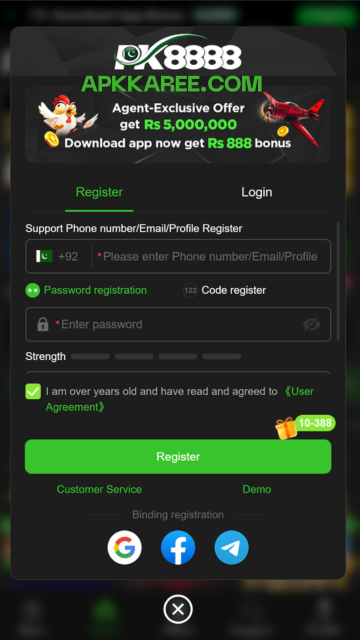 PK8888 game registration banner showing mobile casino app with slots, dice, coins, and earning opportunity concept.